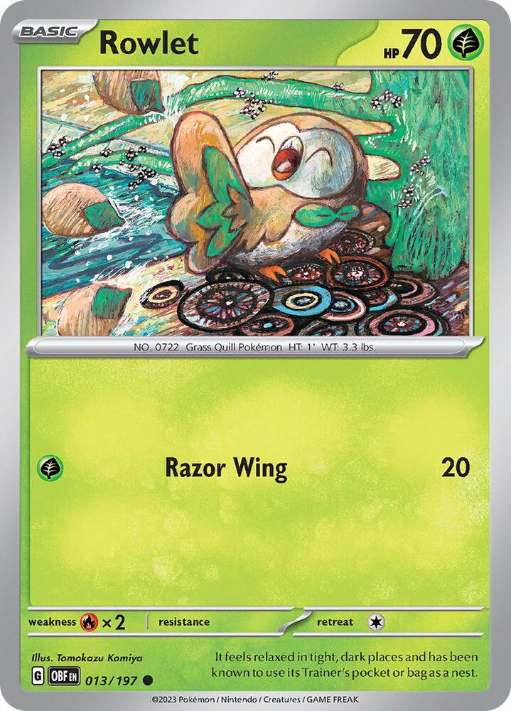 Rowlet 013/197 card from SV03: Obsidian Flames