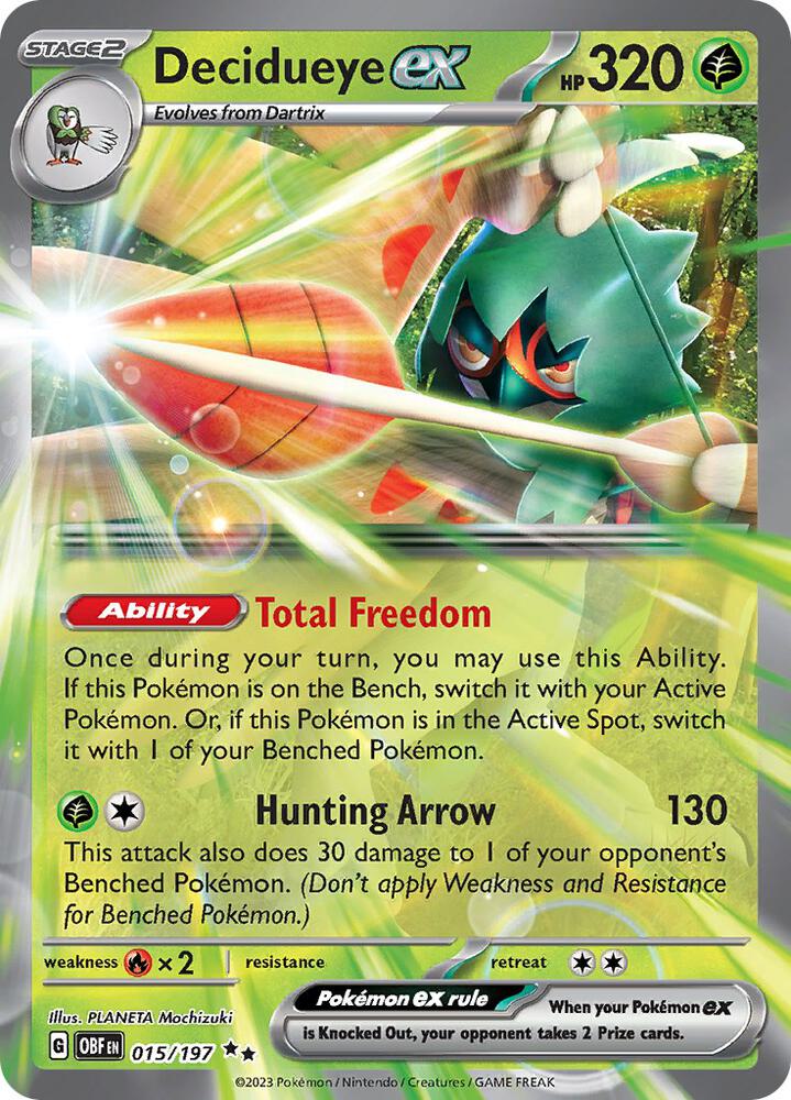 Decidueye ex 015/197 card from SV03: Obsidian Flames