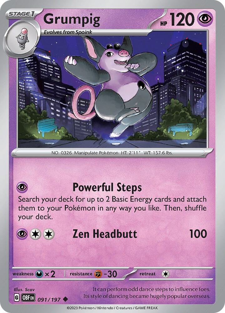 Grumpig 091/197 card from SV03: Obsidian Flames