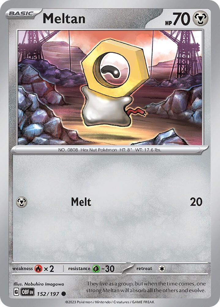 Meltan 152/197 card from SV03: Obsidian Flames