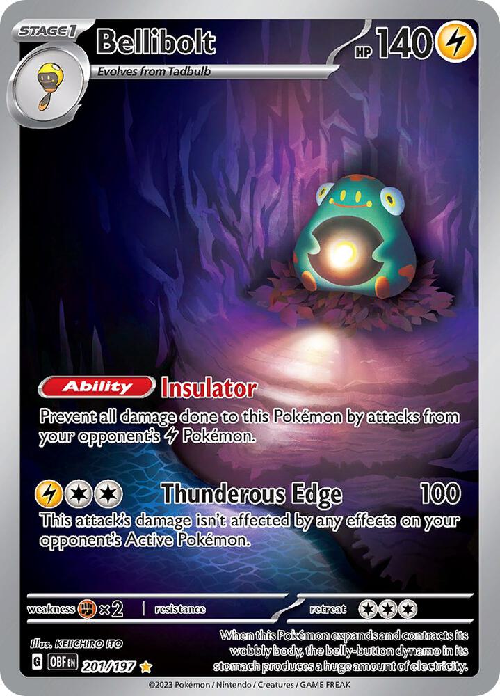 Bellibolt 201/197 card from SV03: Obsidian Flames