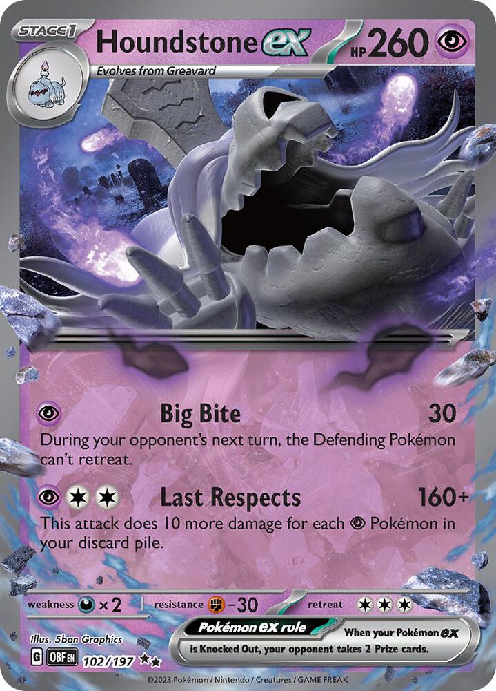 Houndstone ex 102/197 card from SV03: Obsidian Flames