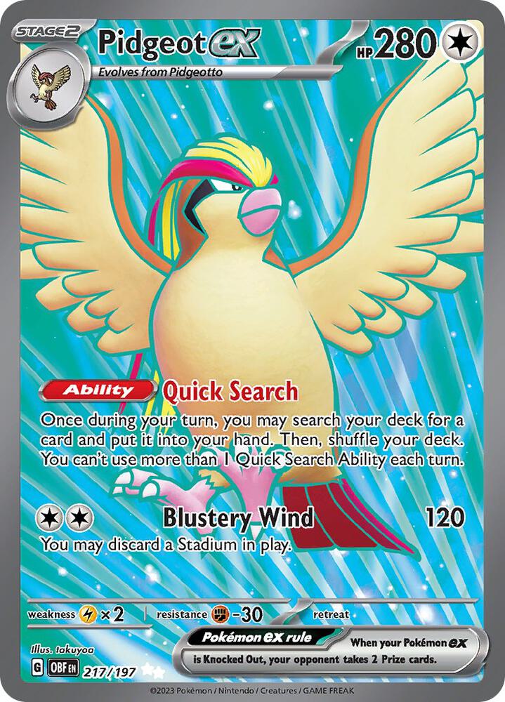 Pidgeot ex 217/197 card from SV03: Obsidian Flames