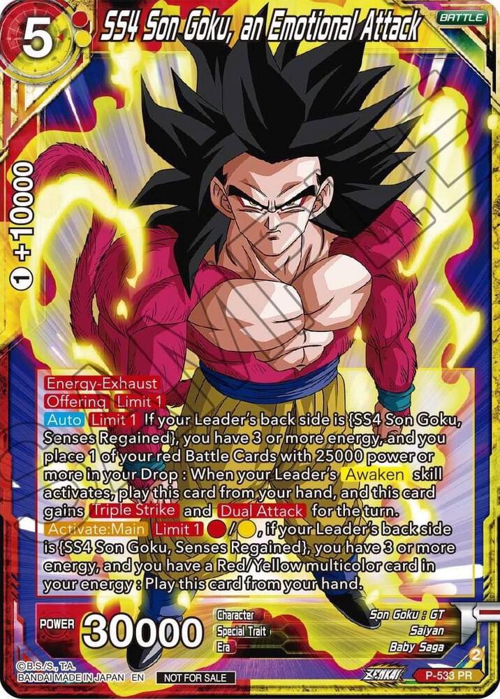 SS4, Son Goku, an Emotional Attack (Zenkai Series Tournament Pack Vol.5) P-533 card from Tournament Promotion Cards
