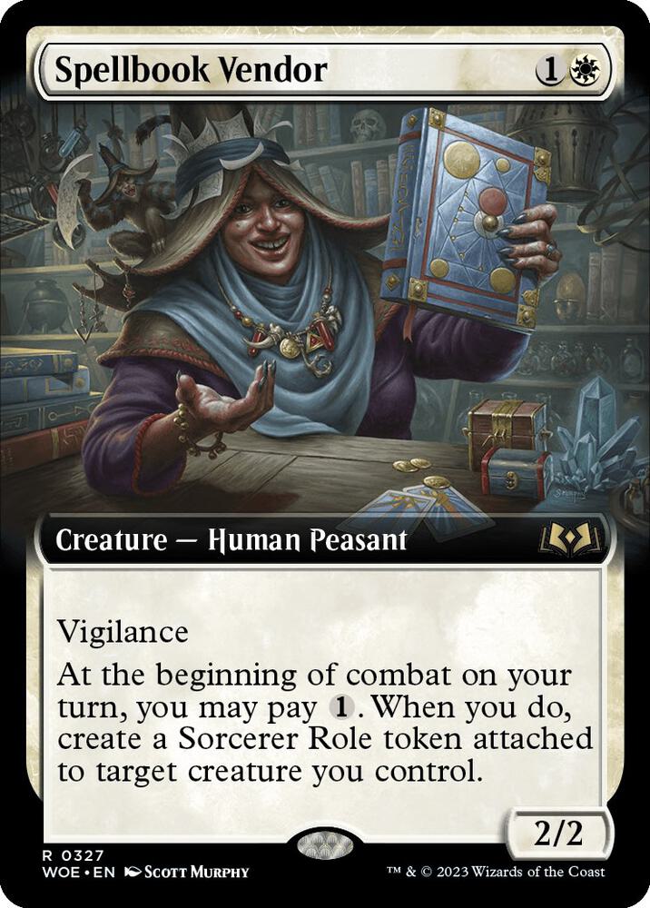 Spellbook Vendor (Extended Art) 327 card from Wilds of Eldraine
