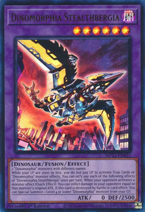 Dinomorphia Stealthbergia MP23-EN021 card from 25th Anniversary Tin: Dueling Heroes Mega Pack