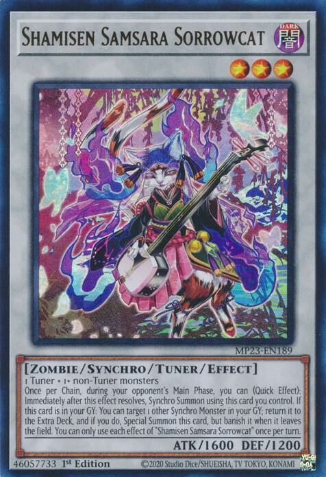 Shamisen Samsara Sorrowcat MP23-EN189 card from 25th Anniversary Tin: Dueling Heroes Mega Pack