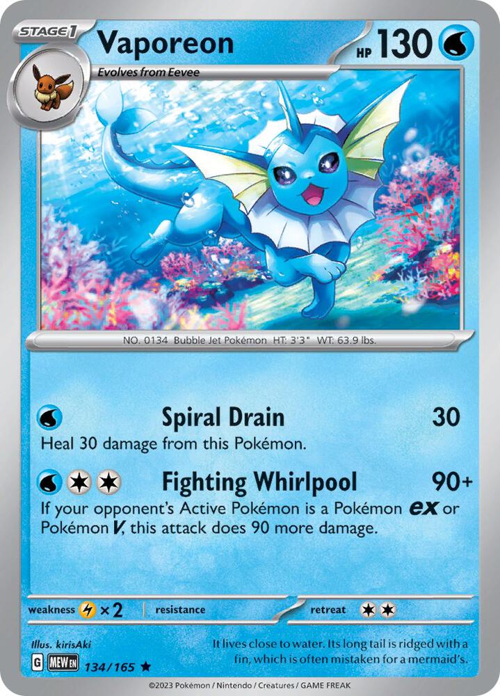 Vaporeon 134/165 card from SV: Scarlet & Violet 151