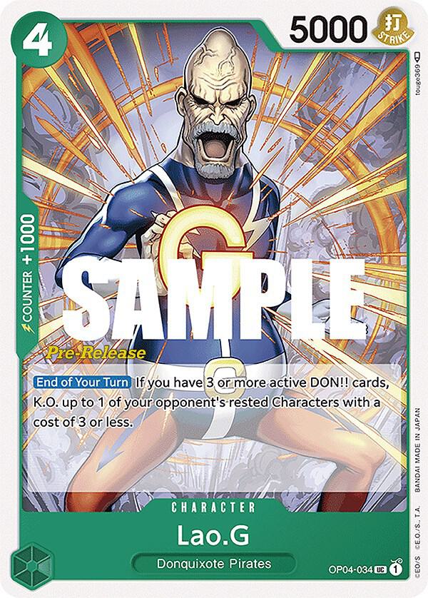 Lao.G OP04-034 card from Kingdoms of Intrigue Pre-Release Cards