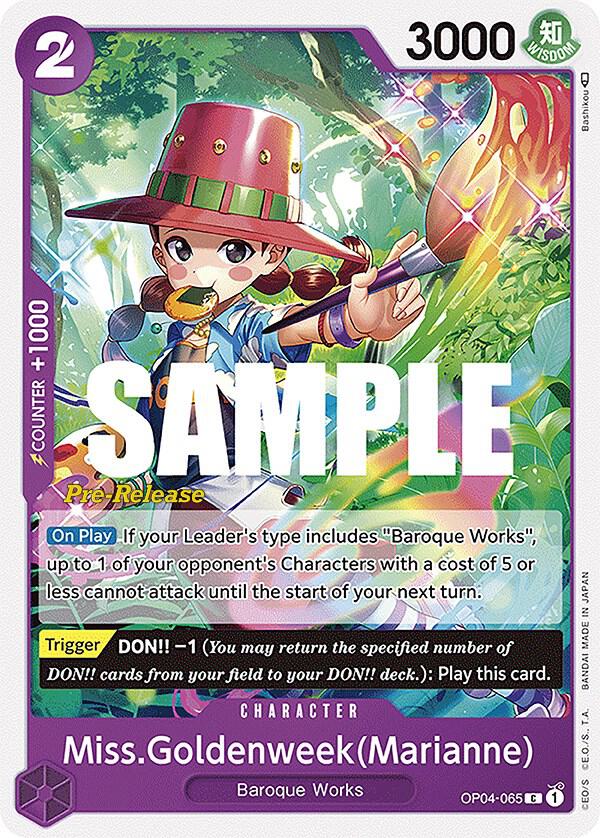 Miss.Goldenweek(Marianne) OP04-065 card from Kingdoms of Intrigue Pre-Release Cards