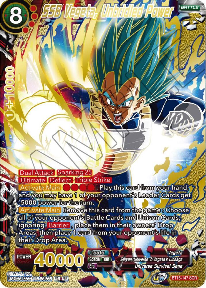 SSB Vegeta, Unbridled Power (Alternate Art) BT16-147 card from Expansion Deck Box Set 23: Premium Anniversary Box 2023