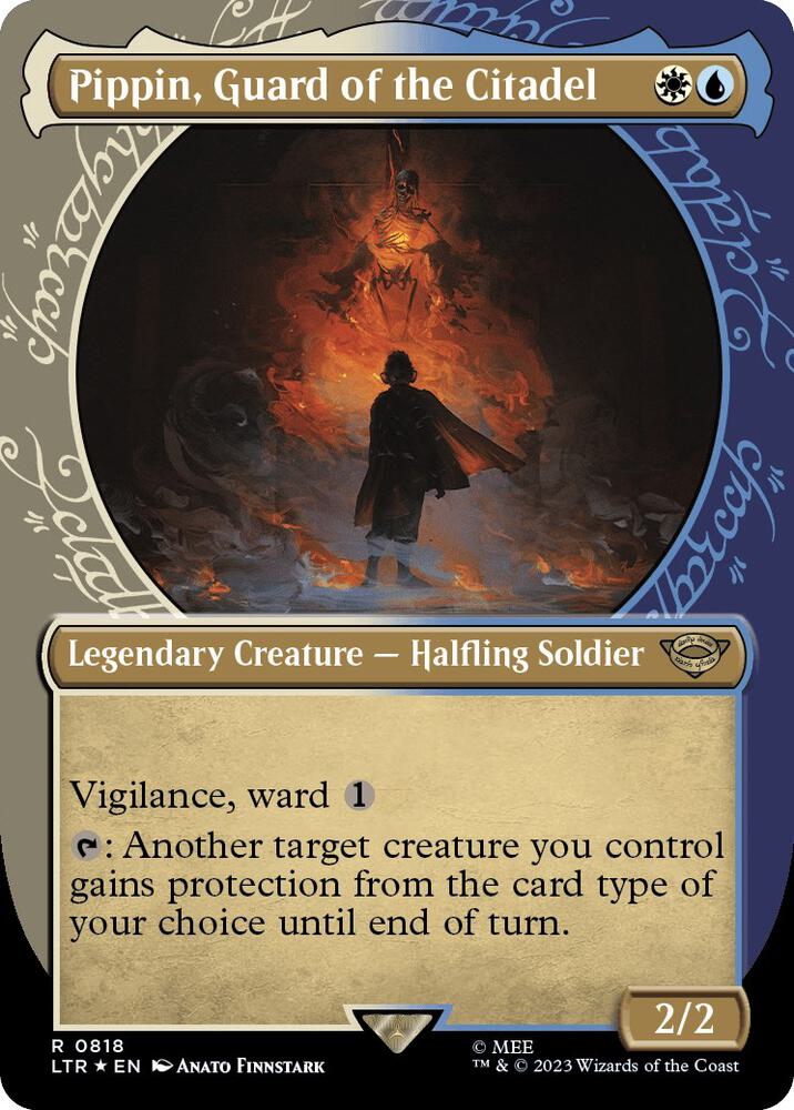 Pippin, Guard of the Citadel (Showcase) (Surge Foil) 818 card from Universes Beyond: The Lord of the Rings: Tales of Middle-earth