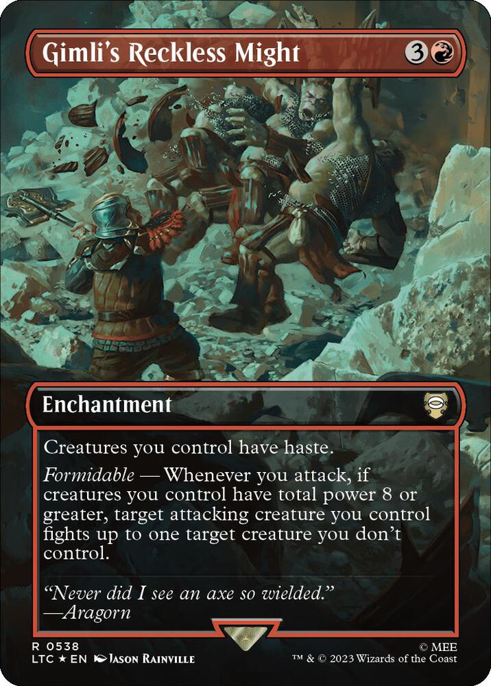 Gimli's Reckless Might (Borderless) (Surge Foil) 538 card from Commander: The Lord of the Rings: Tales of Middle-earth