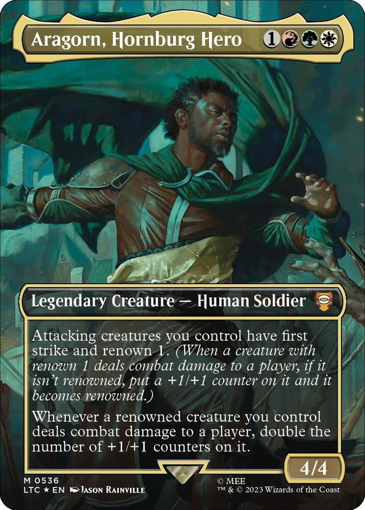 Aragorn, Hornburg Hero (Borderless) (Surge Foil) 536 card from Commander: The Lord of the Rings: Tales of Middle-earth