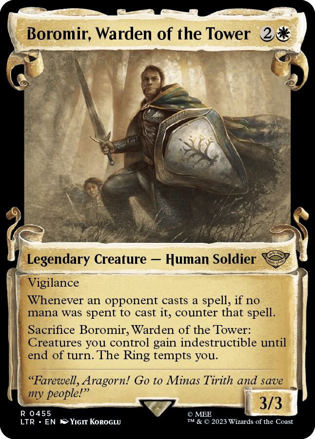Boromir, Warden of the Tower (Showcase Scrolls) 455 card from Universes Beyond: The Lord of the Rings: Tales of Middle-earth