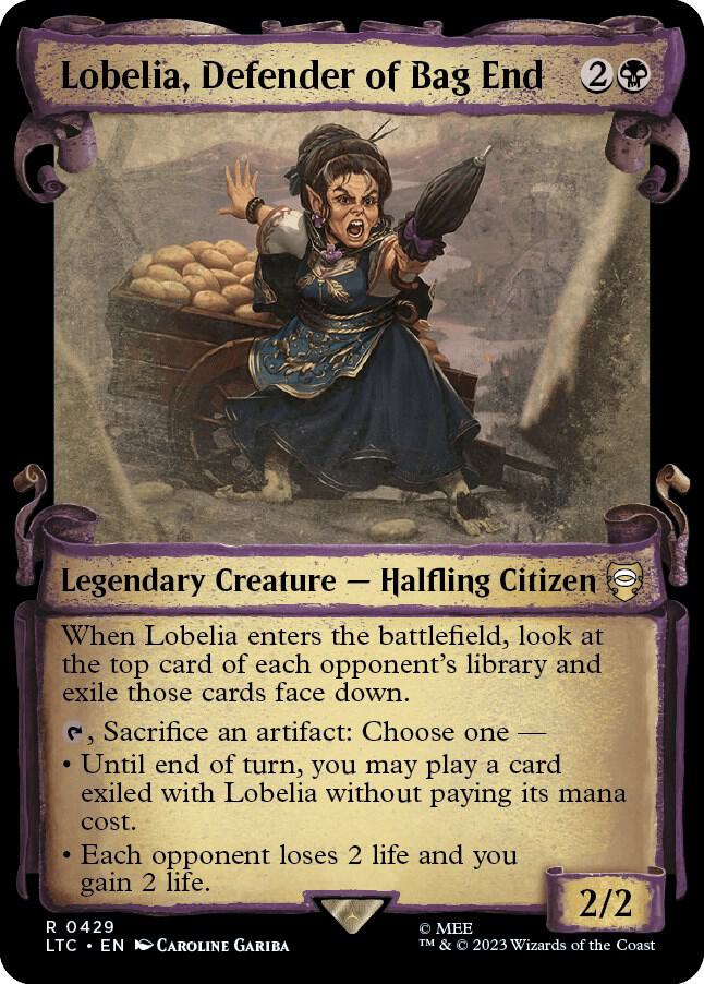 Lobelia, Defender of Bag End (Showcase Scrolls) 429 card from Commander: The Lord of the Rings: Tales of Middle-earth