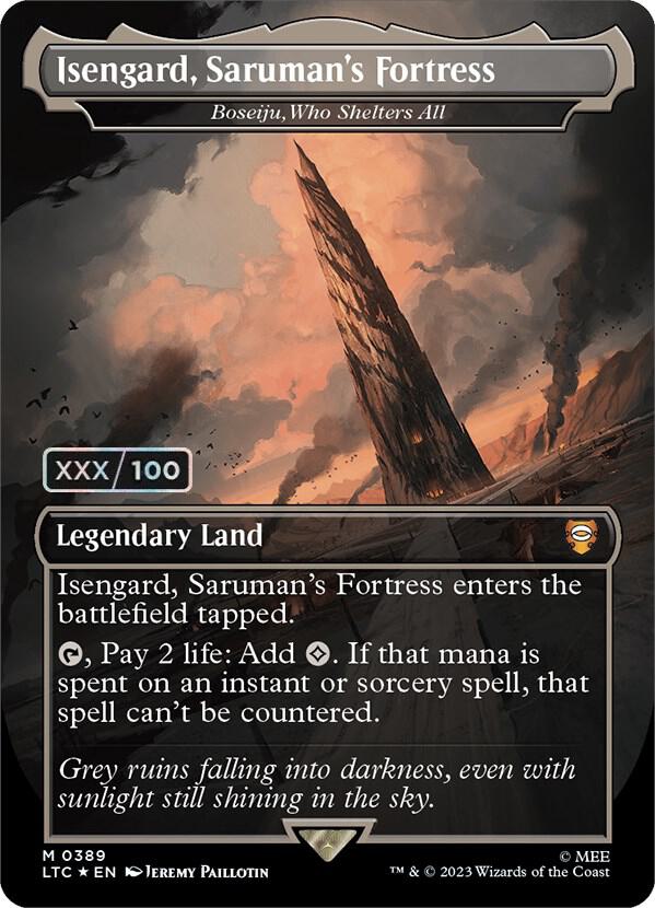 Isengard, Saruman's Fortress - Boseiju, Who Shelters All (Borderless) (Serial Numbered) 389 card from Commander: The Lord of the Rings: Tales of Middle-earth