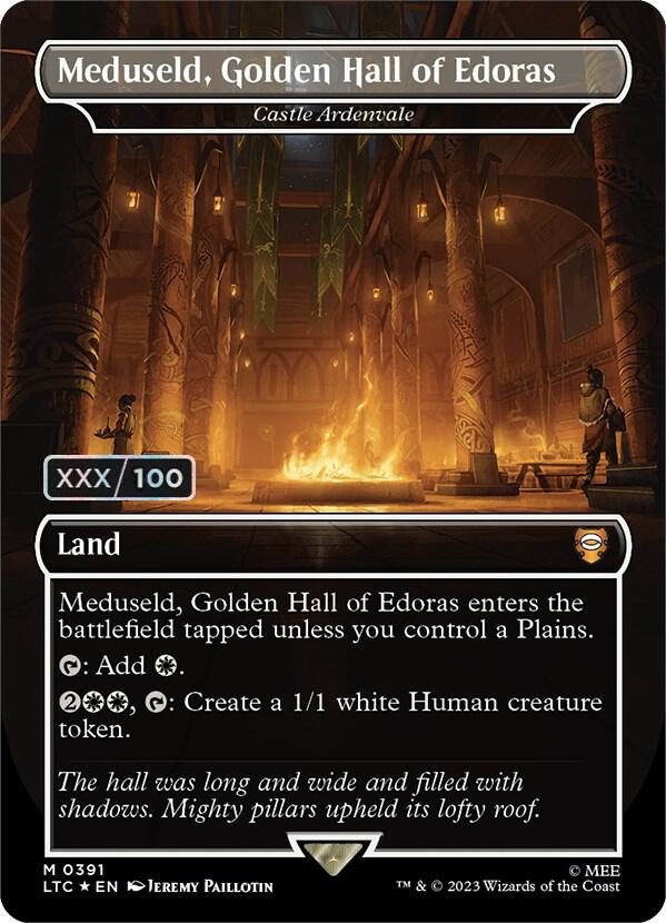 Meduseld, Golden Hall of Edoras - Castle Ardenvale (Borderless) (Serial Numbered) 391 card from Commander: The Lord of the Rings: Tales of Middle-earth