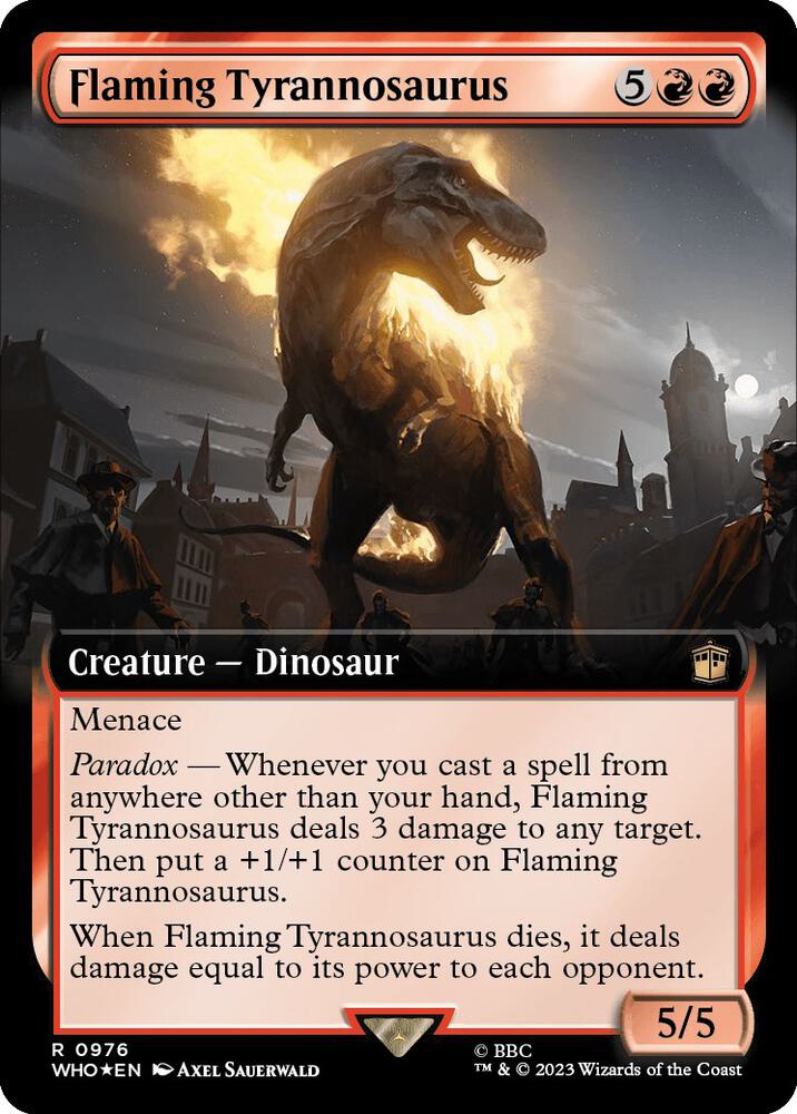 Flaming Tyrannosaurus (Extended Art) (Surge Foil) 976 card from Universes Beyond: Doctor Who