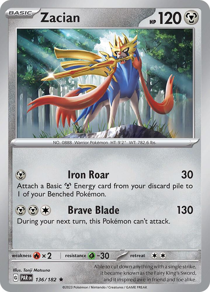 Zacian 136/182 card from SV04: Paradox Rift