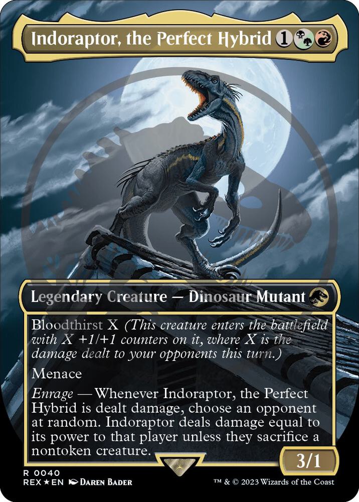 Indoraptor, the Perfect Hybrid (Borderless) (Emblem) 40 card from Universes Beyond: Jurassic World Collection