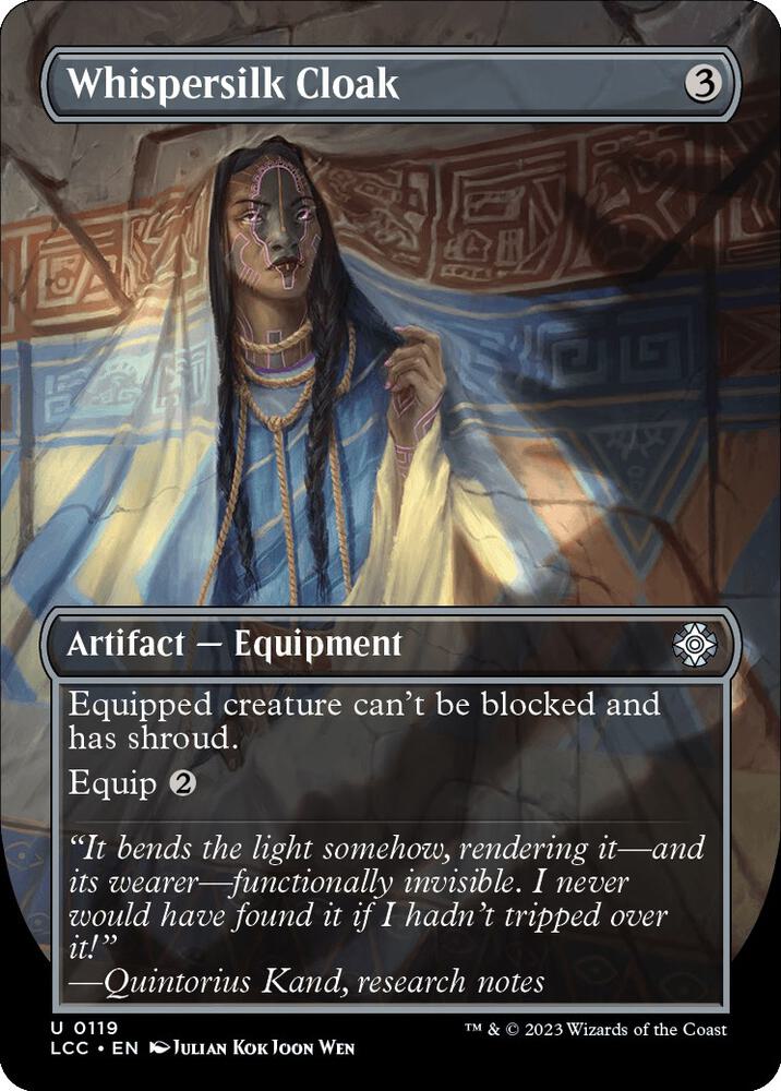 Whispersilk Cloak (Borderless) 119 card from Commander: The Lost Caverns of Ixalan