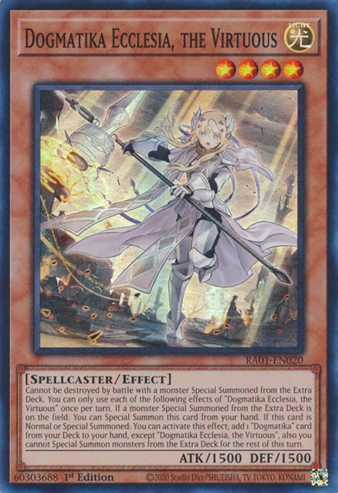 Dogmatika Ecclesia, the Virtuous RA01-EN020 card from 25th Anniversary Rarity Collection