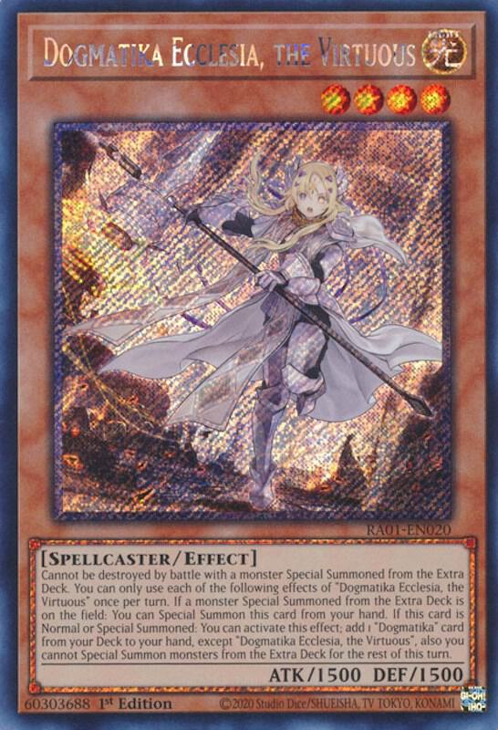 Dogmatika Ecclesia, the Virtuous (Platinum Secret Rare) RA01-EN020 card from 25th Anniversary Rarity Collection
