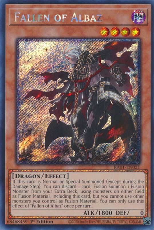 Fallen of Albaz (Platinum Secret Rare) RA01-EN021 card from 25th Anniversary Rarity Collection