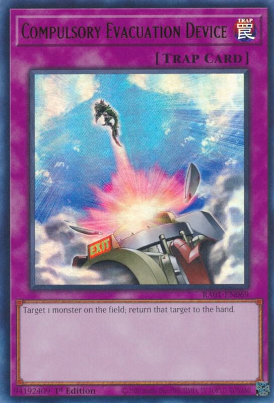 Compulsory Evacuation Device (UR) RA01-EN069 card from 25th Anniversary Rarity Collection