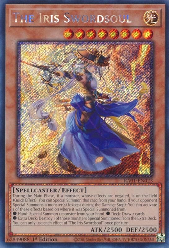 The Iris Swordsoul (Platinum Secret Rare) RA01-EN023 card from 25th Anniversary Rarity Collection