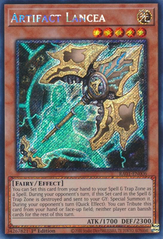 Artifact Lancea (Platinum Secret Rare) RA01-EN006 card from 25th Anniversary Rarity Collection
