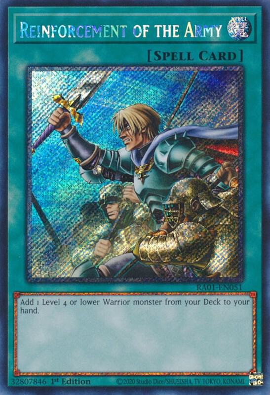 Reinforcement of the Army (Platinum Secret Rare) RA01-EN051 card from 25th Anniversary Rarity Collection