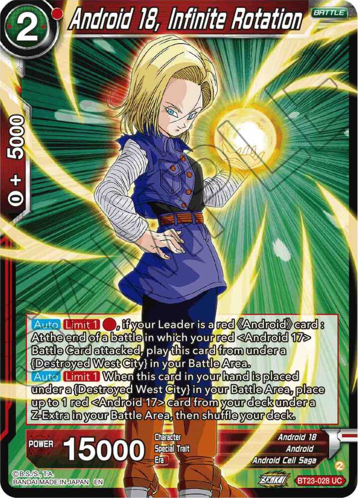 Android 18, Infinite Rotation BT23-028 card from Perfect Combination