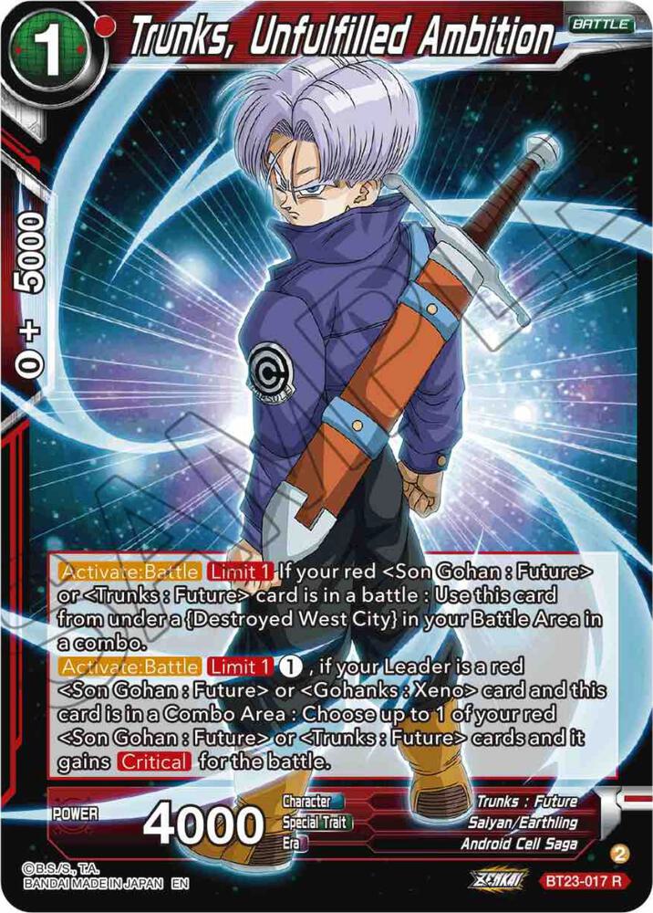 Trunks, Unfulfilled Ambition BT23-017 card from Perfect Combination