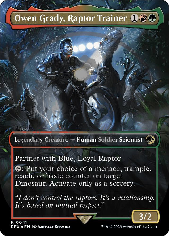 Owen Grady, Raptor Trainer (Borderless) (Emblem) 41 card from Universes Beyond: Jurassic World Collection