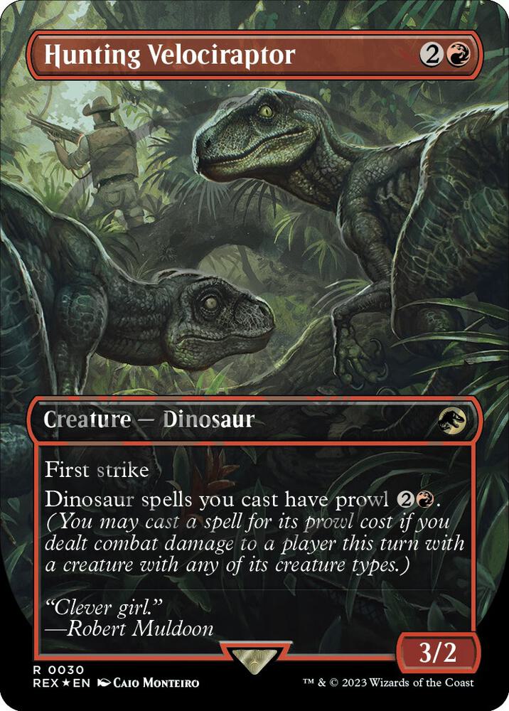 Hunting Velociraptor (Borderless) (Emblem) 30 card from Universes Beyond: Jurassic World Collection