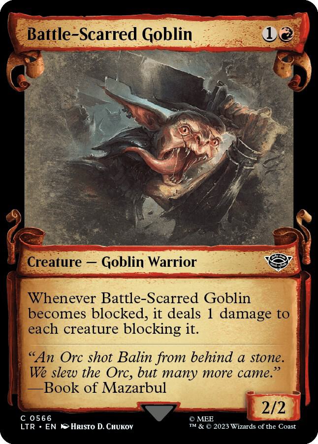 Battle-Scarred Goblin (Showcase Scrolls) 566 card from Universes Beyond: The Lord of the Rings: Tales of Middle-earth