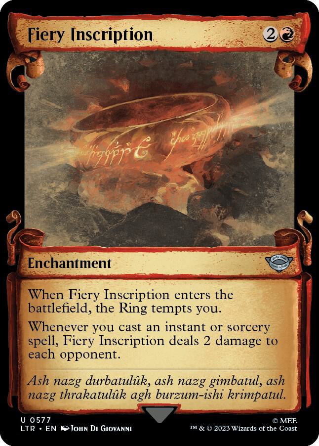 Fiery Inscription (Showcase Scrolls) 577 card from Universes Beyond: The Lord of the Rings: Tales of Middle-earth