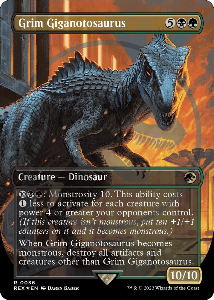 Grim Giganotosaurus (Borderless) (Emblem) 36 card from Universes Beyond: Jurassic World Collection
