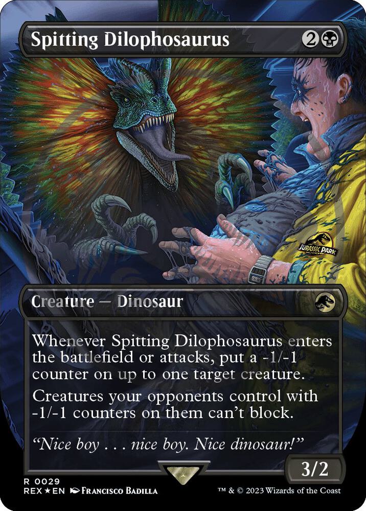 Spitting Dilophosaurus (Borderless) (Emblem) 29 card from Universes Beyond: Jurassic World Collection