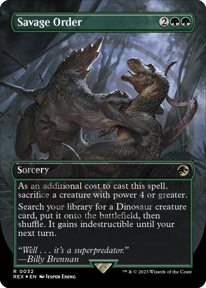 Savage Order (Borderless) (Emblem) 32 card from Universes Beyond: Jurassic World Collection