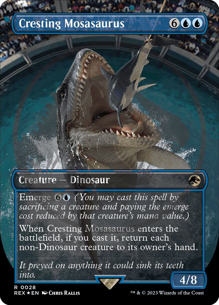 Cresting Mosasaurus (Borderless) (Emblem) 28 card from Universes Beyond: Jurassic World Collection