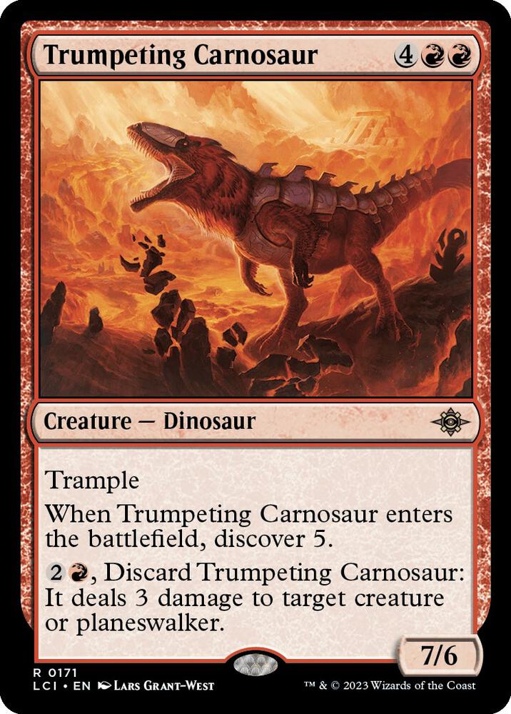 Trumpeting Carnosaur 171 card from The Lost Caverns of Ixalan