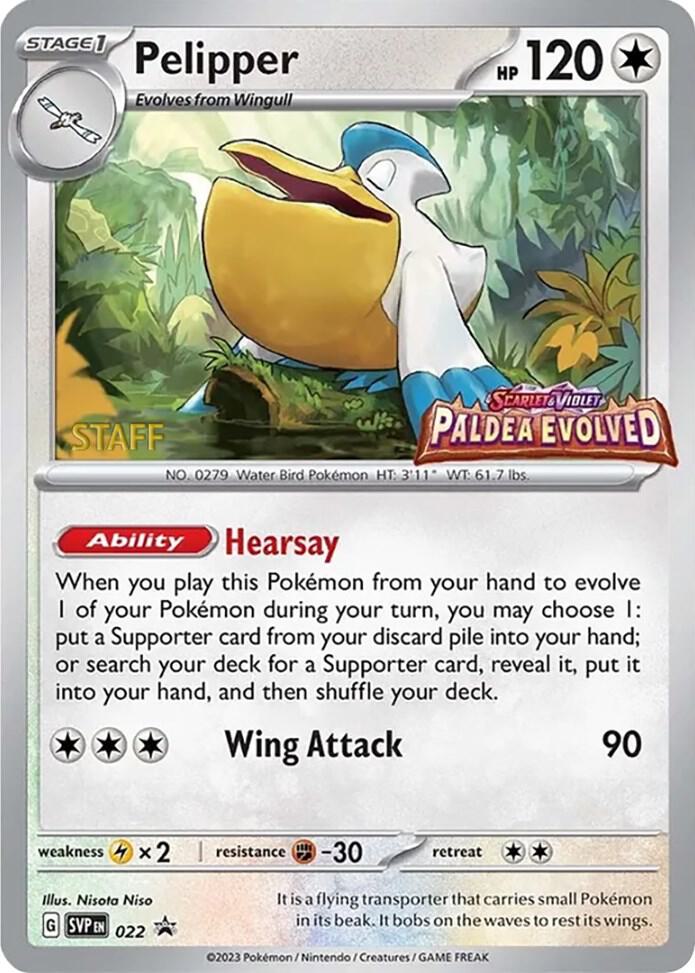 Pelipper (Prerelease) [Staff] 022 card from SV: Scarlet & Violet Promo Cards