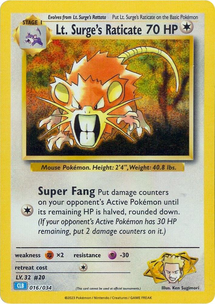 Lt. Surge's Raticate 016/034 card from Trading Card Game Classic