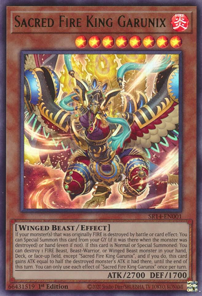 Sacred Fire King Garunix SR14-EN001 card from Structure Deck: Fire Kings