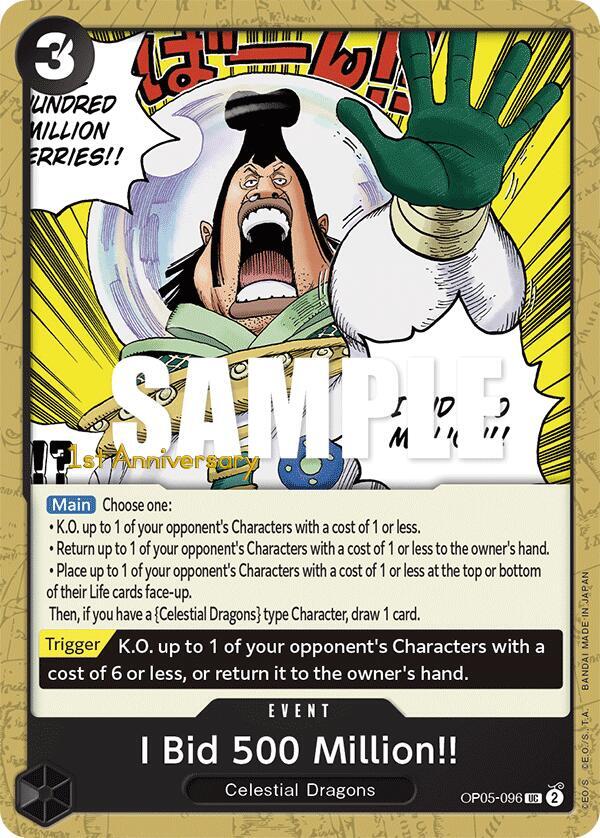 I Bid 500 Million!! OP05-096 card from Awakening of the New Era: 1st Anniversary Tournament Cards