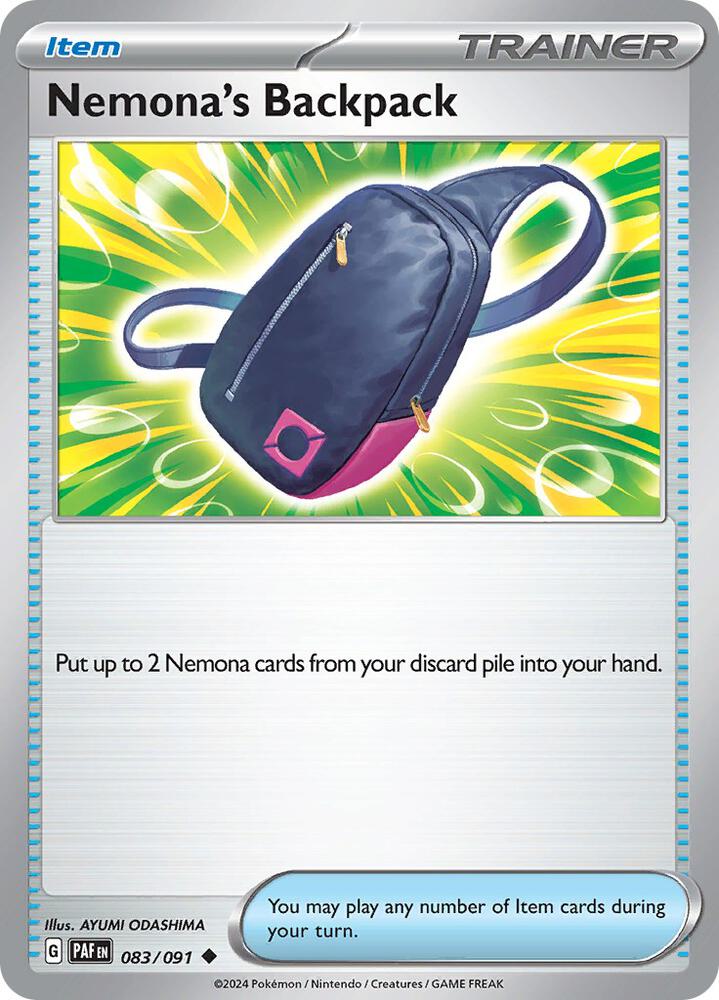 Nemona's Backpack 083/091 card from SV: Paldean Fates