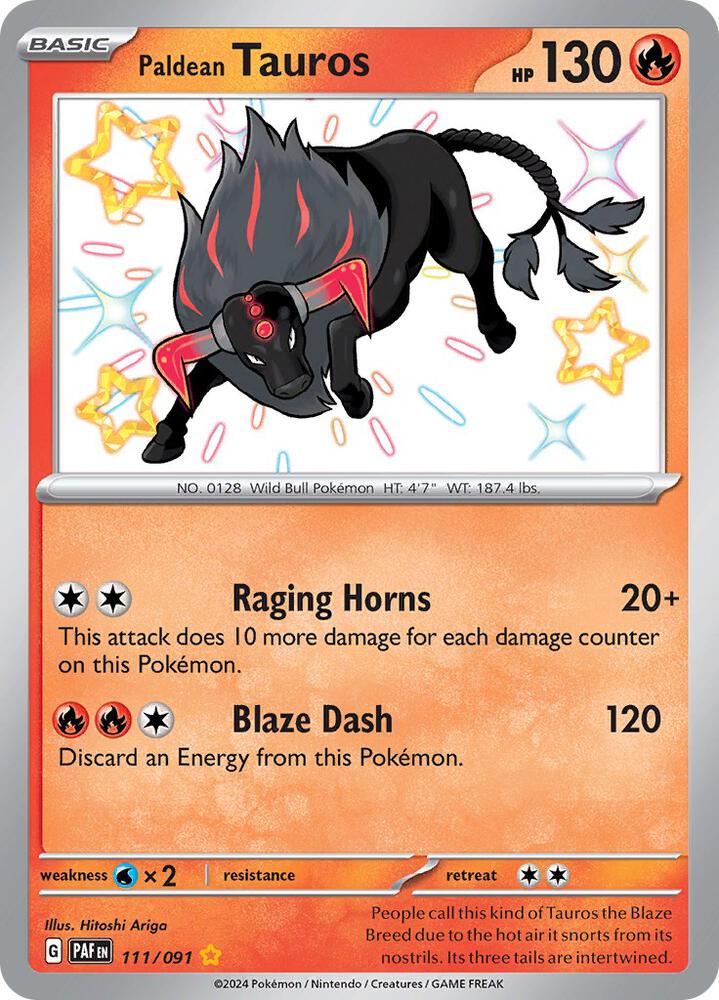 Paldean Tauros 111/091 card from SV: Paldean Fates